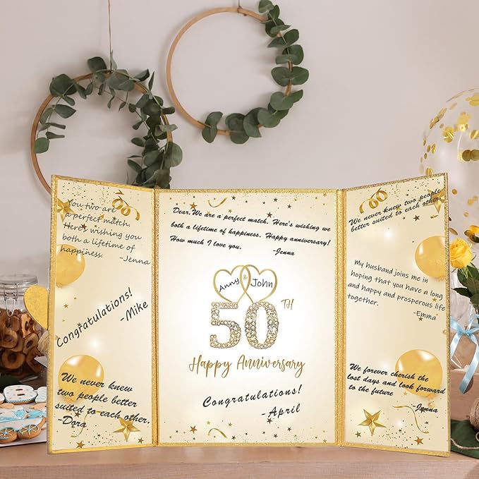 Trgowaul Gold 50th Wedding Anniversary Decorations, Happy 50th Anniversary Guest Book Alternative, 50th Anniversary Signature Book, White Gold Gift Card for 50 Years Wedding Anniversary Party Supplies