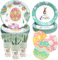 Easter Plates Party Supplies - 168Pcs Bunny Paper Plates and Egg Napkins Cups Cutlery Serve for 24 Happy Easter Rabbit Party Decorations Table Decor