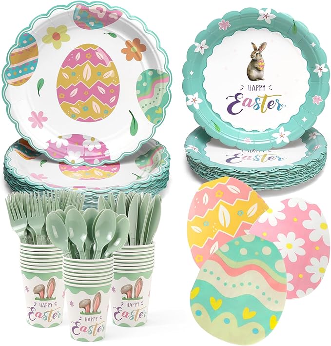 Easter Plates Party Supplies - 168Pcs Bunny Paper Plates and Egg Napkins Cups Cutlery Serve for 24 Happy Easter Rabbit Party Decorations Table Decor