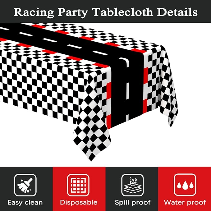 WNINK 4 PCS Racing Car Theme Tablecloths Car Disposable Plastic Tablecloths Black Checkered Flag Table Covers Racetrack Rectangular Tablecloth for Race Car Birthday Party Decorations, 54 x 108 Inch