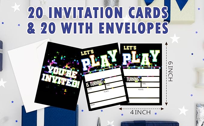 CLIRBE Let's Play Birthday Party Invitations, Glow Neon Invited Birthday Invitations For Teen Boys Girls, 20 Invites Cards With 20 Envelopes, Party Supplies Favors -H15