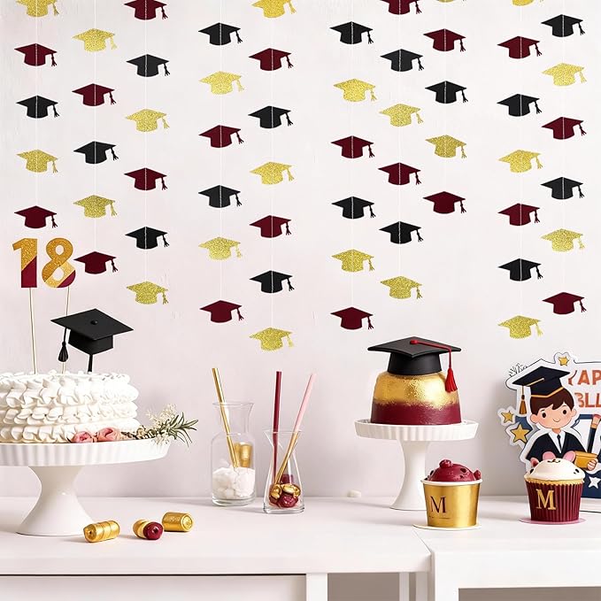 Black Maroon and Gold Graduation Garland Graduation Party Decorations Class of 2026 Grad Cap Garland Banner Streamers for Grad Party Hanging Decorations 39Feet