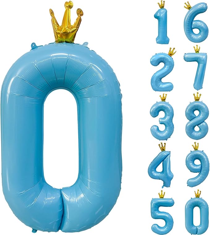 Blue Number 0 Balloon with Crown, 40 inch Blue Number Balloon 0th Birthday Party Decoration BlueCrown Balloons 0-9 for Birthday Party Anniversary Decorations Supplies