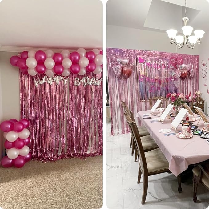 2 Pack 3.2ft x 8.3ft Foil Fringe Backdrop Metallic Tinsel Door Window Curtain Party Photo Booth Props for Birthday Bachelorette Wedding Graduation Party Decorations (Pink)