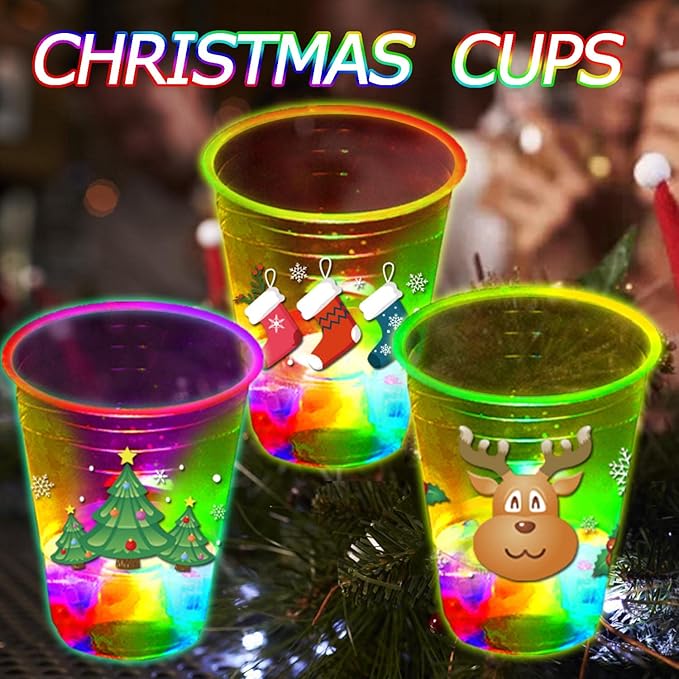 mishunyus 24 Pcs Christmas Party Cups, Glow Christmas Theme Cups, for Holiday Party Supplies, for Nighttime Fun, BBQ, Holiday Decor, with 8 pattern