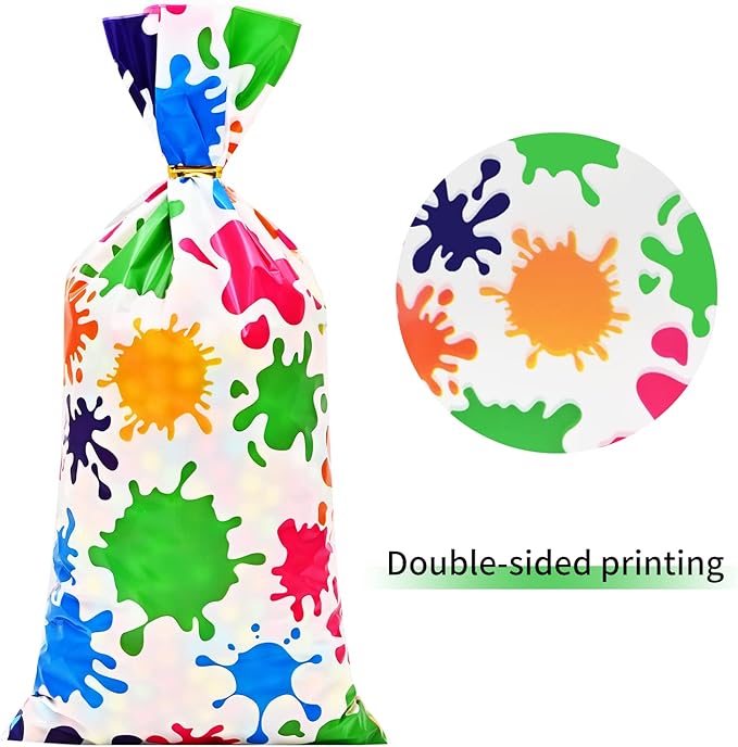 Lecpeting 100 Pcs Artist Paint Treat Bags Colorful Paint Splatter Print Cellophane Candy Bags Art Painting Party Favor with Twist Ties for Artist Painting Theme Birthday Party Supplies