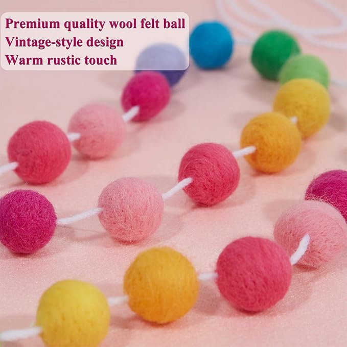 Boao 2 Pieces Wool Felt Ball Garland Colorful Pom Pom Garland Handmade 6.5 Feet Long 24 Balls Felt Banner for Wall Christmas Tree Decoration (Rainbow)