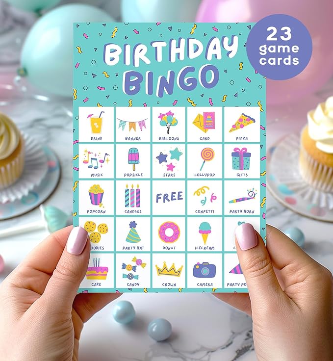 Markt Birthday Bingo Game for Kids Birthday Party Games, Kids Party Games Supplies - 23 Players - Blue
