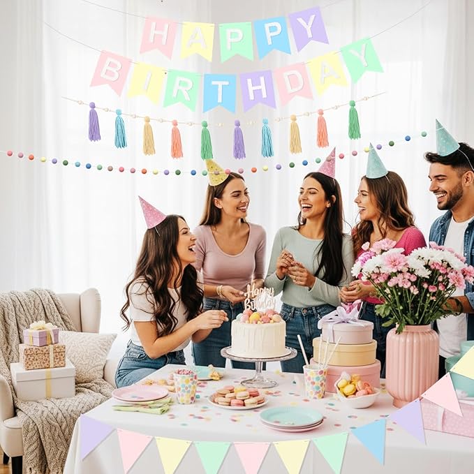 139 Pcs Felt DIY Custom Banner Kit Include 104 Letters 18 Swallowtail Flags 15 Pennants 2 Pcs Pom Pom Garland Tassel Pompom Decoration for Home Baby Shower Birthday(Pastel)
