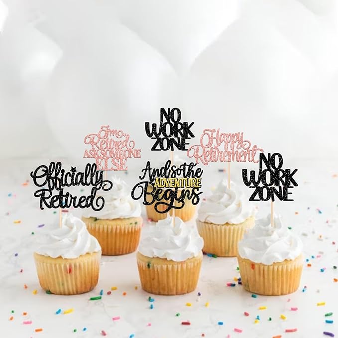 30 PCS Happy Retirement Cupcake Toppers Officially Retired Cupcake Picks No Work Zone Adventure Begins Cake Decorations for Retirement Theme Farewell Birthday Party Supplies Black Rose Gold