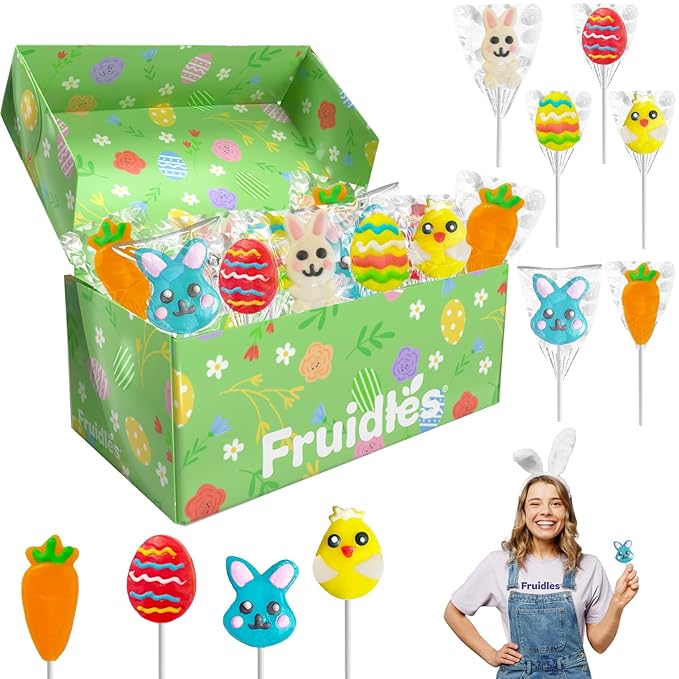 Fruidles Easter Variety Pack 12 Lollipops Suckers, Yellow Bunny Rabbit, Orange Carrot Designs Fat-Free, Individually Wrapped Easter Pops (12-Pack)