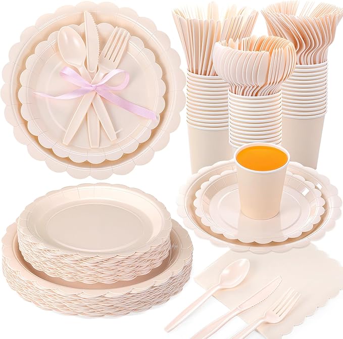 350 Pcs Ivory Plates and Napkins, 50 Guest Cream White Party Supplies Include Scalloped Paper Plates Napkins Cups Plastic Spoons Forks Knives Disposable Tableware Set for Weeding Bridal Shower
