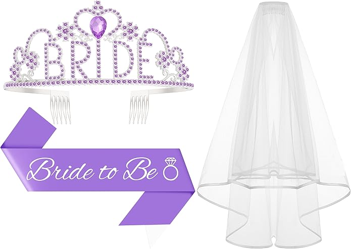 3Pcs Bride to Be Sash with Crown and Veil for Bachelorette Party Decorations，Bridal Shower Accessories for Gift, Favors