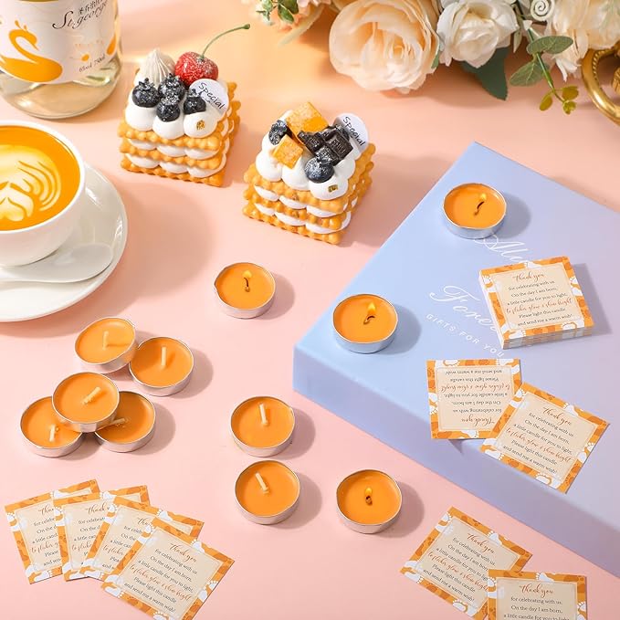 50 Sets Baby Shower Party Favors Including 50 Pcs Unscented Tealight Baby Shower Candles Gift Bags Cards for Gender Reveal Party Supplies(Orange)