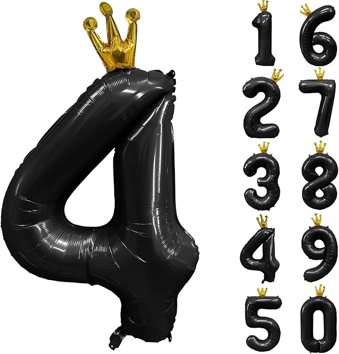 Black Number 4 Balloon with Crown, 40 inch Black Number Balloon 4th Birthday Party Decoration Black Crown Balloons 0-9 for Birthday Party Anniversary Decorations Supplies
