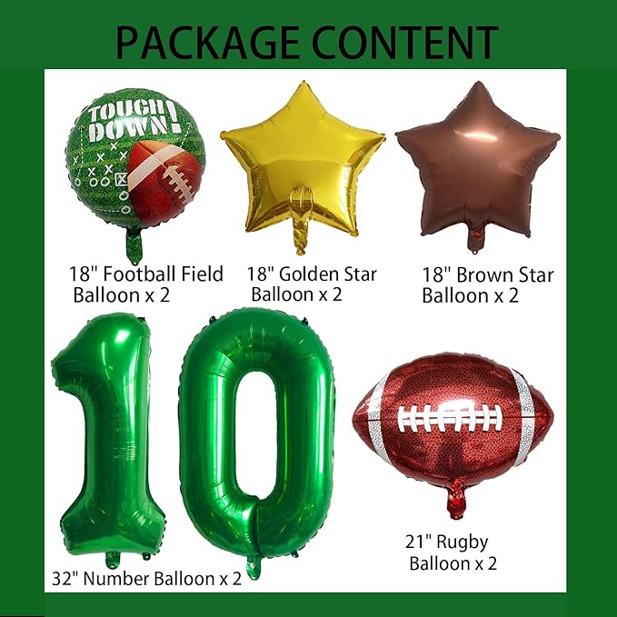 Football Balloons Foil Football Birthday Decorations Balloons Green Number 10 Balloon Gold Brown Star Touchdown Ballons for Rugby Birthday Decorations Sports Ballons Arch Kits Party Balloon Sets 10pcs