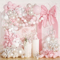 Pink Bow Birthday Decorations,220Pcs Pink Bow Balloon Arch Kit with 260 Clear Double Stuffed Pearl Balloons Ribbon Bow Pearl Stickers for Bow Coquette Birthday Bachelor Bridal Baby Shower Wedding