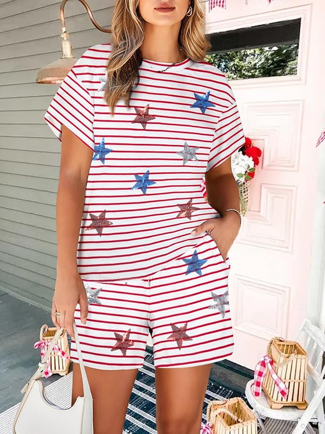 VILOVE 4th of July 2 Piece Sequin Outfits Women 250 Anniversary Usa Shirts and Short Sets Casual Patriotic Shirt Summer Set