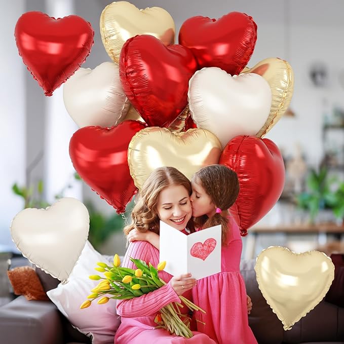 Red Gold Heart Balloons Foil, 12Pcs 18 Inch Metallic Red Gold Cream Beige Heart Shape Foil Balloon for Girls Women Birthdays Wedding Baby Shower Valentines Mother's Day Xmas Christmas Party Decor