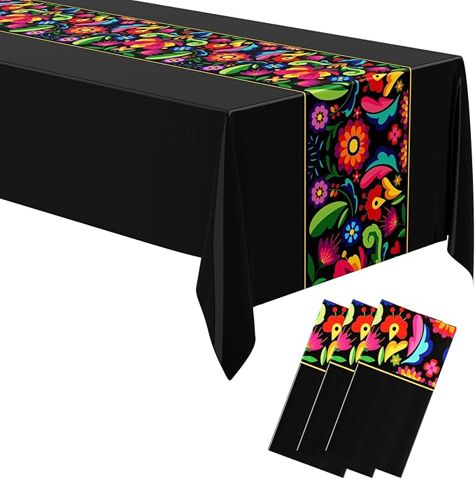 Oudain 3 Pcs Fiesta Tablecloth 108 x 54 Inch Plastic Tablecover Mexican Waterproof Tablecloth Disposable Table Cover for Taco Night Festive Mexican Fiesta Wedding Party Decoration (Black)