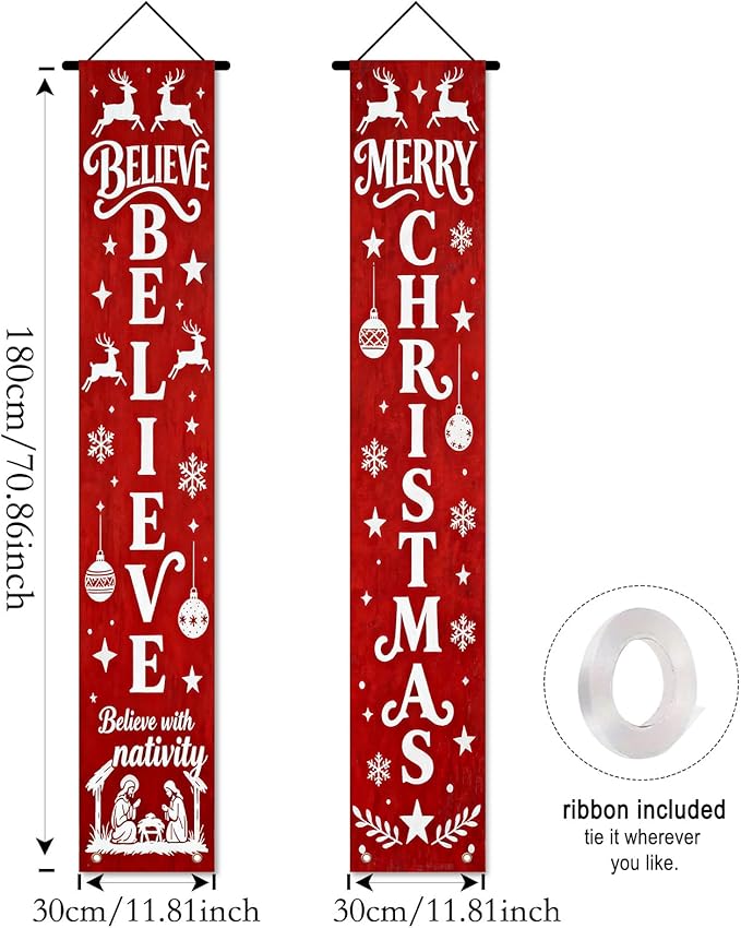Nuxovilar Believe Merry Christmas Ornament Decor Polyester Banner 12x70.86 Inches Christmas Door Banner, Inspirational Decor for Church, Lounge, Festive Gatherings