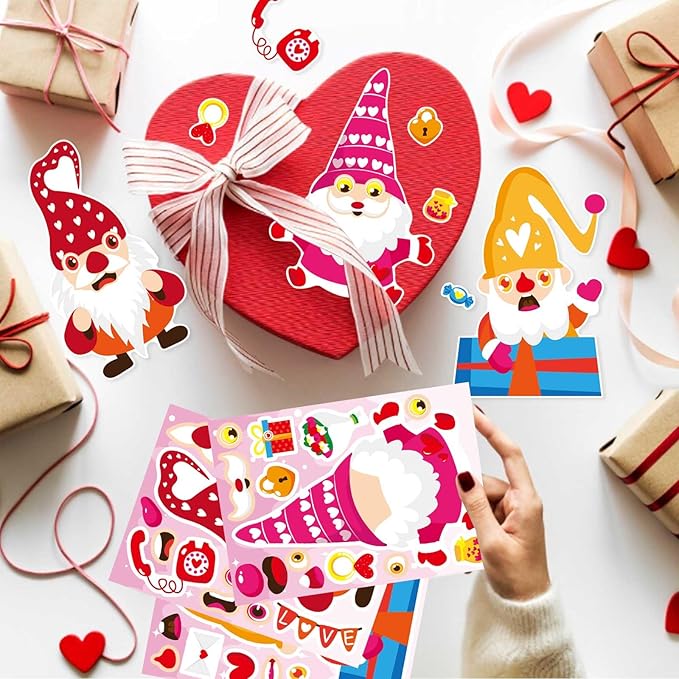24 Sheets Valentine Stickers for Kids Make a face Sticker, Valentines Day Stickers Make Your Own Valentine Gnome Stickers Valentine' s Day Themed Party Favors Supplies