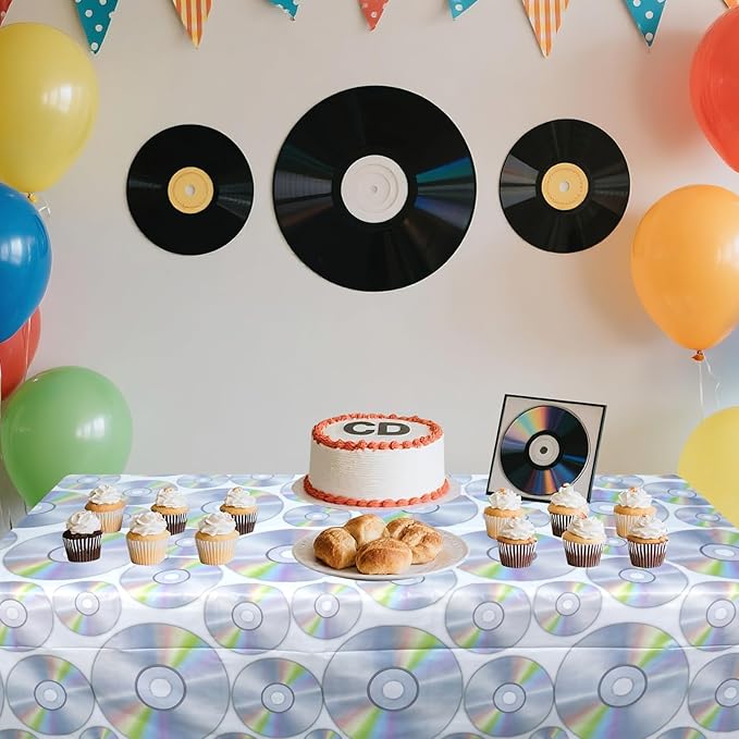 4 Pieces 90s Theme Party Tablecloth Decorations, Retro CD Music Table Cover, 1990's Supplies, Back to The 90's Party Tablecovers for Birthday, 51 x 86.5 Inch