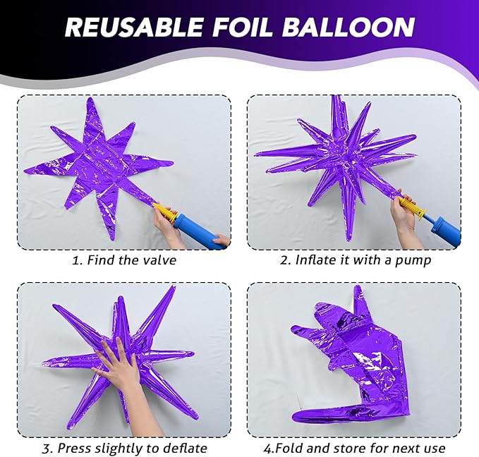 6PCS Purple Black Star Balloons, 22Inch Large Star Shaped Balloon Foil Spike Balloon Cone Balloons for Girls Women Birthday Graduation Halloween Party Decorations
