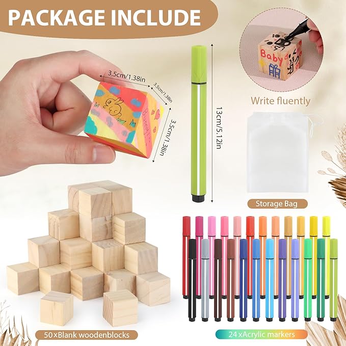 Baby Shower Games Sign Kit with 50 Blank Wooden Blocks, 24 Acrylic Paint Marker and Wooden Sign, Blocks for Baby Shower Games, Gender Reveals Party (Boho)