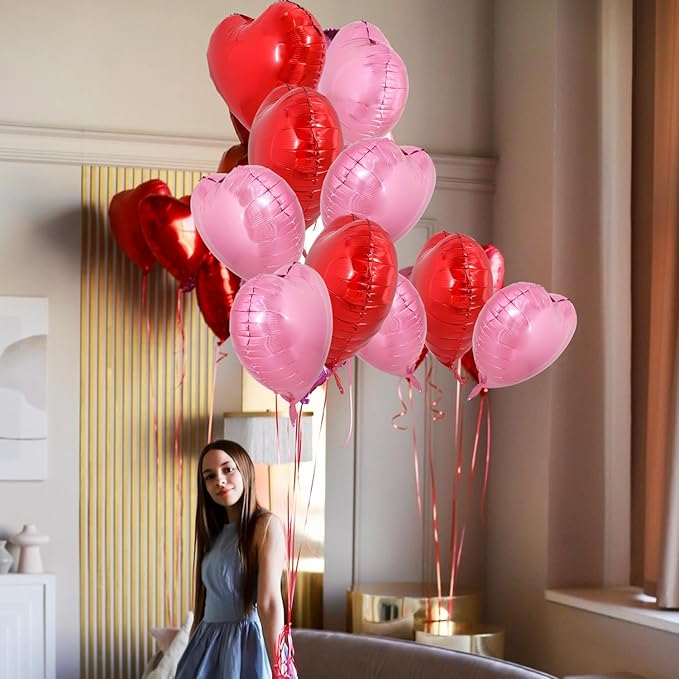 TONIFUL 30Pcs 18 Inch Red Pink Heart Balloons Valentine’s Day Heart Shape Foil Mylar Balloons Decoration for Romantic Valentine's Day Wedding Bridal Shower Anniversary Engagement Party Supplies