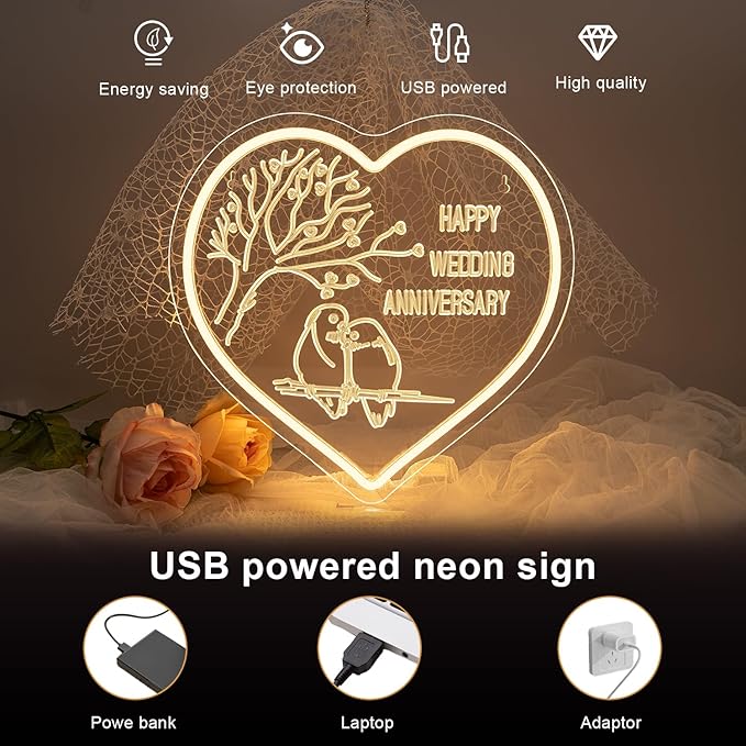 Lucunstar Wedding Neon Sign Happy Anniversary LED Sign for Wall Decor Valentines Day LED Light Love Signs Heart Decor in Wedding Party Bedroom Home Love Gifts for Couple in Anniversary Party