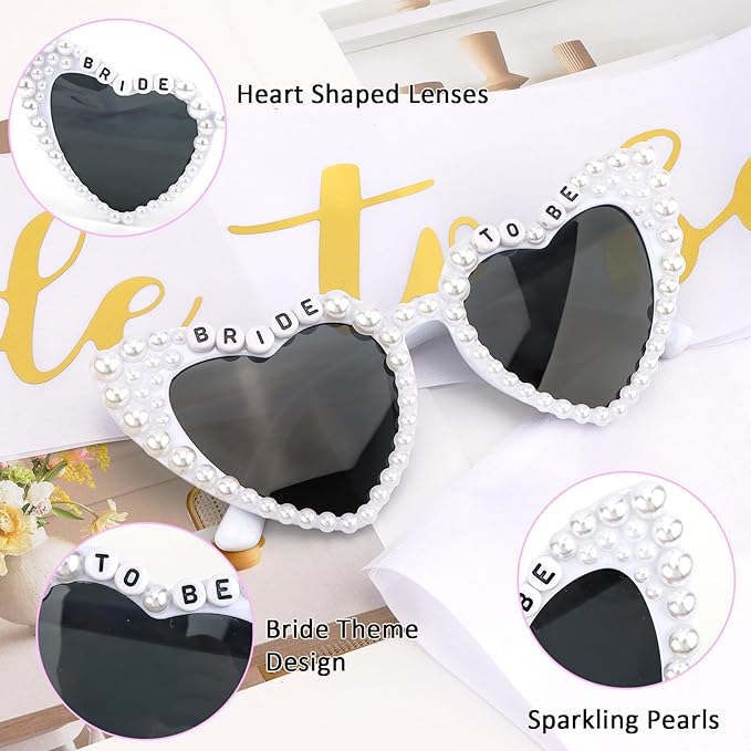 Bride to Be Set: Pearl-Trimmed Heart Sunglasses, Pearl BRIDE Sash & Tulle Veil - Bachelorette Party Bridal Accessories