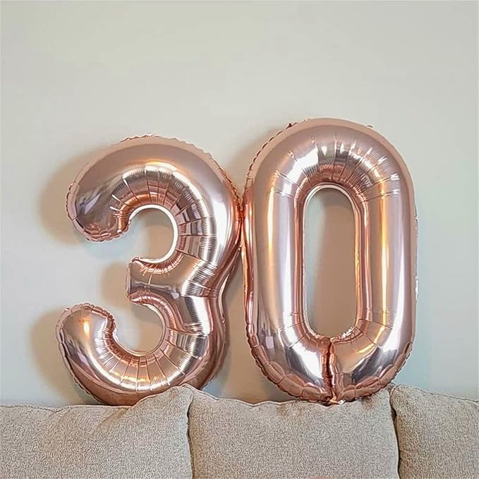 Rose Gold Number 30 Balloons, 40 Inch Rose Gold Mylar Foil Number 3 & 0 Balloons for Women, Self Inflating 30th Birthday Balloons for 30 Year Old Anniversary Birthday Party Decorations Supplies