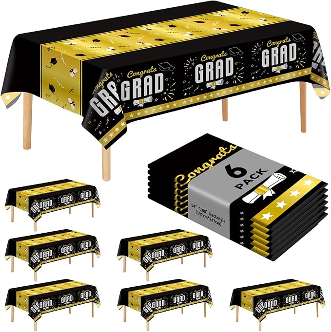 6 Pack Disposable Plastic Tablecloth 54" x 108" Black Class of 2026 Grad Party Table Cloths Disposable for 6 to 8 Foot Tables Graduation Party Indoor or Outdoor (Graduation Black)