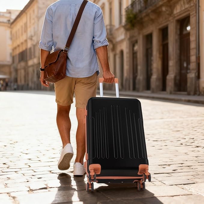 Karl home 28 Inch Check-in Luggage with Spinner Wheels, ABS Hardshell Checked Suitcase with TSA Lock, Durable Large Suitcase Rolling Luggage for Men Women, Black & Brown