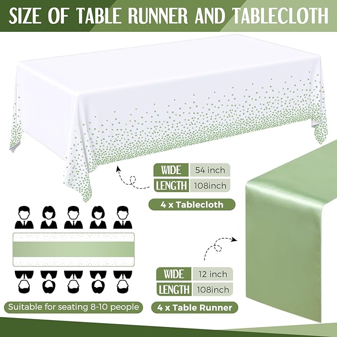Breling 8 Pack White and Sage Green Disposable Plastic Tablecloths and Satin Table Runner Set, 54 x 108 Inch Tablecloth, 12 x 108 Inch Table Runners for Wedding Graduation Birthday Baby Shower