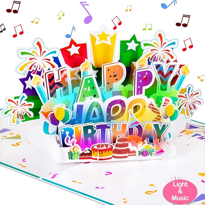 INPHER Large Birthday Card, 3D Pop up Light and Music Happy Birthday Card, Musical Birthday Gift Greeting Card for Men, Women, Kids