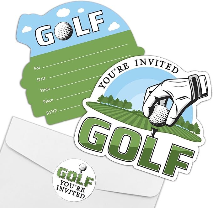 REWIDPARTY Golf Party Invitations with Envelopes & Stickers - Set of 15 Golf Game Shaped Fill-in Invitations for Birthday or Retirement Parties for Teens & Adults