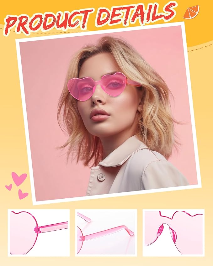 Photect 12 Pair Heart Shaped Sunglasses Neon Color Transparent Heart Glasses for Women Party Favor