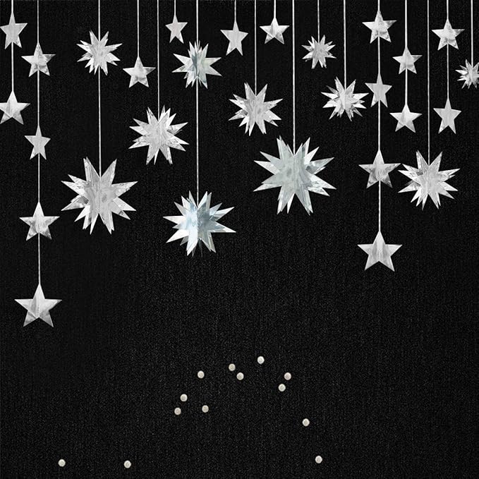 pinkblume Silver Star Garland Party Decorations Kit 3D Stars Metallic Bunting Banner for Holiday Xmas Birthday Wedding Baby Shower Hanging Decorations for Christmas Nursery Decor Clearance(4 Set)