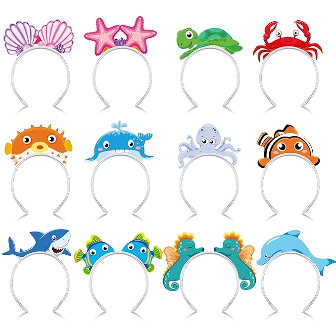 Blosssound 12 Pcs Sea Animal Headbands Fall Party Favor Gift Under the Sea Paper Head Bopper Ocean Animals Headwear Beach Summer Costume Accessories Photo Prop Decoration Supplies