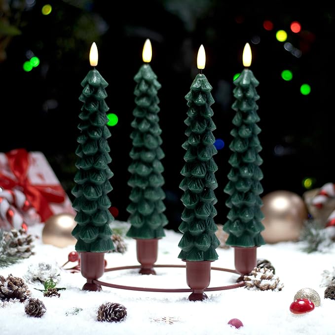 4 PCS Flameless Christmas Tree Candles with Remote Timer, Real Wax Flameless Taper Candles 9.65 Inch, LED Candlesticks with 3D Flickering Flame, Christmas Decor Candles Battery Operated