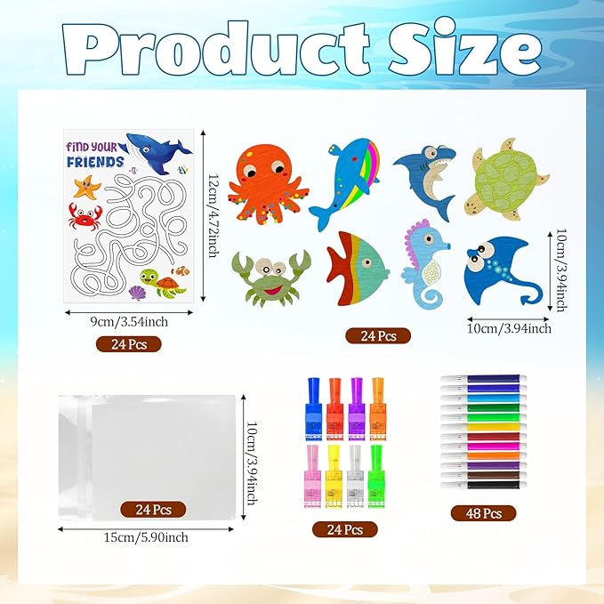Cinrobiye 144 PCS Under the Sea Party Favors Ocean Animals Wooden Painting Kits with LED Light Up Finger Lights, Sea Animal Birthday Party Supplies, Goodie Bag Fillers, Pinata Fillers,Prize Bulk Set