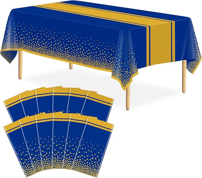 12 Pack Blue and Gold Tablecloth Party Decorations Plastic Blue Tablecloth Printed Gold Table Runner 54 x108 Inch Disposable Rectangle Table Cover for Birthday Wedding Graduation Anniversary