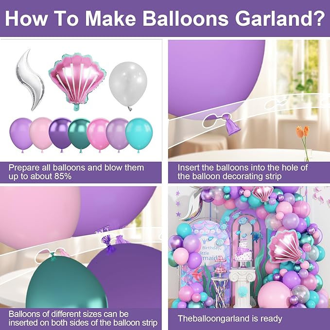 Mermaid Balloon Arch Garland Kit, Mermaid Tail Balloon Garland with Pastel Pink Purple Green Teal Metallic Latex Balloons for Girls Birthday Baby Shower, Under the Sea Shell Theme Party Decor Supplies