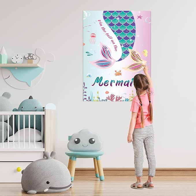 T-Antrix Pin The Tail on The Mermaid Game -Mermaid Party Game for Girls with 21'' x 28'' Poster, Reusable Tails Sticker Party Supplies for Kids Girls Birthday Party Favor Sets