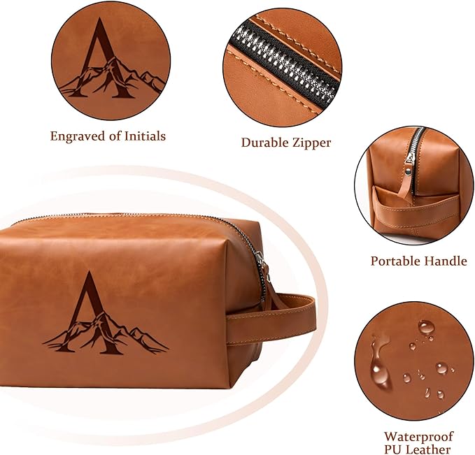 Personalized Gifts Travel Toiletry Bag for Men Engraved Initial PU Leather Waterproof Shaving Bag for Toiletries Accessories Fathers Day Birthday Gift for Men Dad Husband Son, Light Brown M