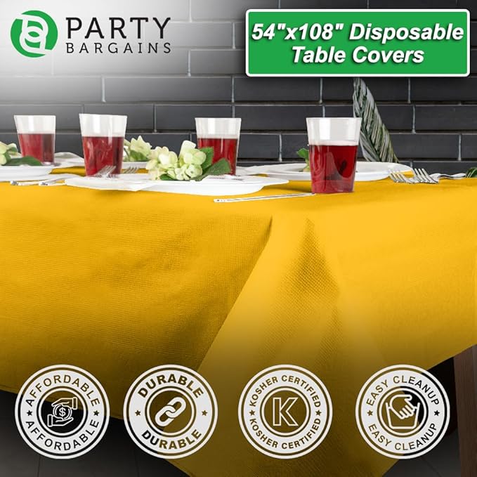 PARTY BARGAINS Disposable Table Covers, 54 x 108 Inch, Yellow, 3-Ply Paper & Plastic Spill-Resistant Party Tablecloths, 1 Pack