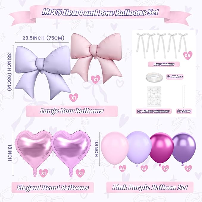 16Pcs Pink and Purple Heart Balloons, 38 Inch Bow Balloons, Metallic Pink Purple Latex Balloon Foil Balloon with Bow Ribbons for Girls Women Birthday Wedding Bridal Baby Shower Valentines Decorations