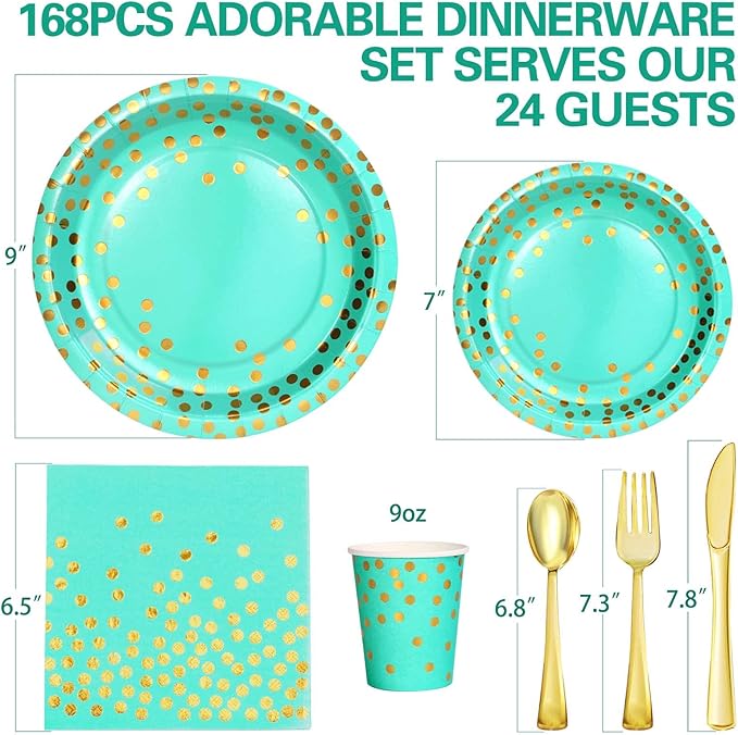 168PCS Teal Party Plates and Cups and Napkins sets,Teal Paper Plates Party Supplies Bulk with Gold Cutlery Serve 24 Guests for Bridal Shower Birthday Wedding Decorations